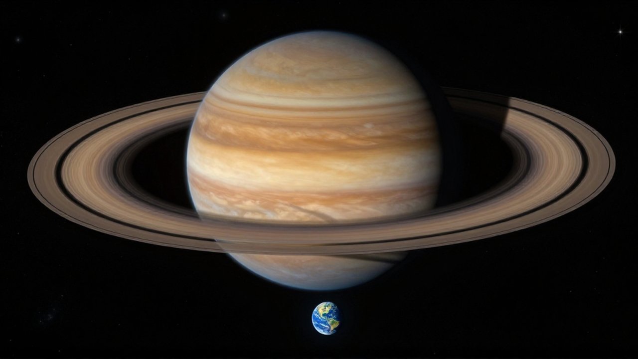 El gigantesco Saturno con sus anillos resalta la pequeña escala de la Tierra en el espacio profundo.