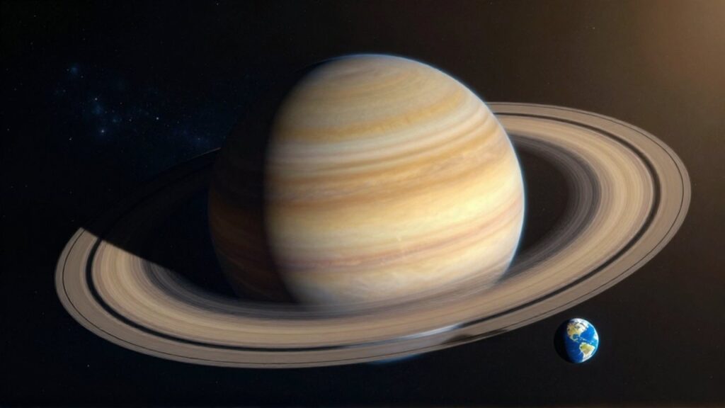 Saturno con sus anillos resalta su inmenso tamaño frente a la diminuta Tierra en el espacio profundo.