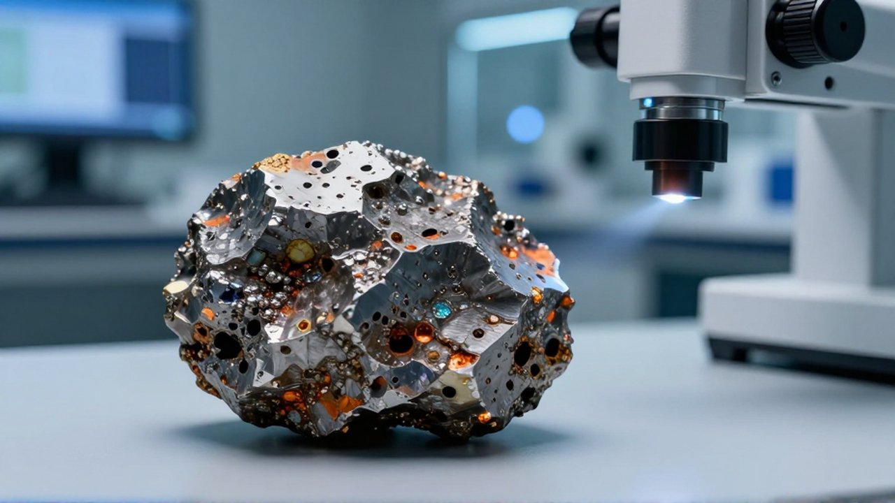 Primer plano de un fragmento de meteorito metálico siendo analizado por un láser en un laboratorio científico.