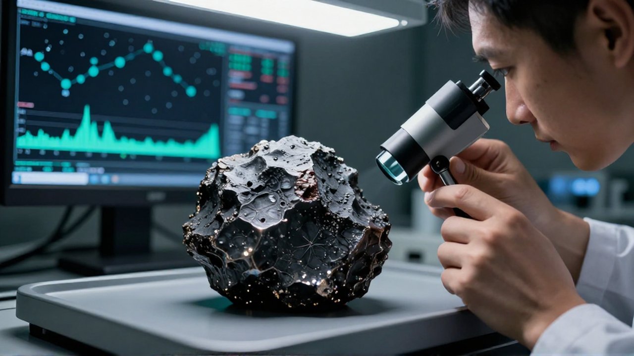 Un investigador examina con una lupa un meteorito oscuro y cristalino sobre una bandeja en un laboratorio tecnológico.