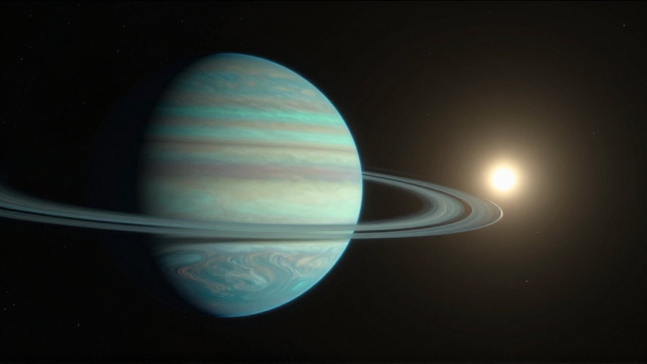 Uranus, un gigante gaseoso de color azul verdoso, orbita en un espacio profundo hacia un sol lejano.