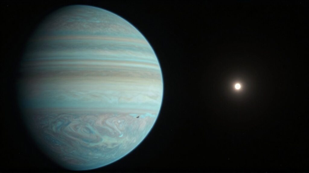 El planeta Urano con su atmósfera cian brilla en la inmensidad oscura frente al distante sol.