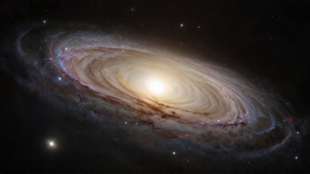 Una galaxia lenticular con un núcleo brillante y un disco delgado rodeada por el vacío espacial.