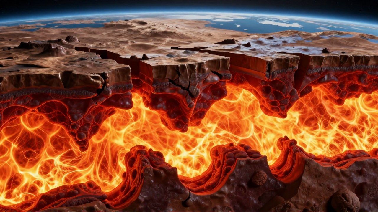 Corte transversal tridimensional de la Tierra que muestra el manto de magma incandescente y las placas tectónicas.