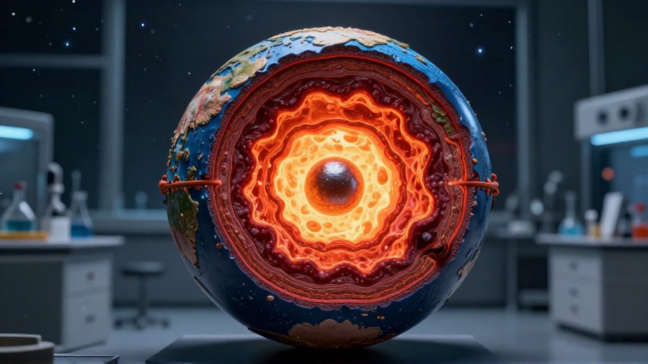 Modelo tridimensional de la Tierra en corte transversal que muestra sus capas internas y un núcleo incandescente.