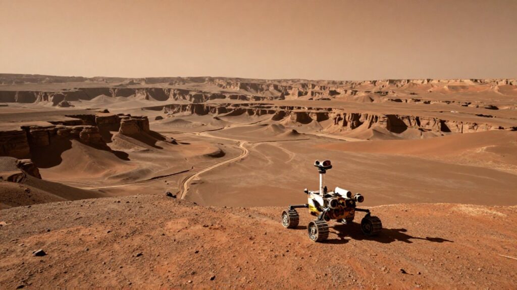 Un pequeño rover esférico avanza por una cresta polvorienta frente a la inmensidad del cañón Valles Marineris en Marte.