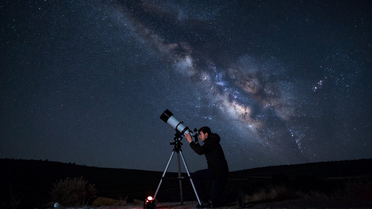 Astrónomo observando el cielo estrellado con un telescopio motorizado en una colina despejada de noche.