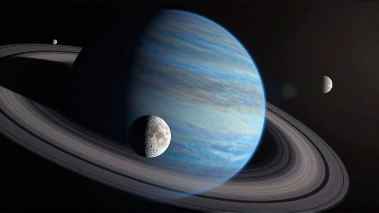 Neptuno con sus anillos oscuros y una luna rocosa con cráteres en primer plano.