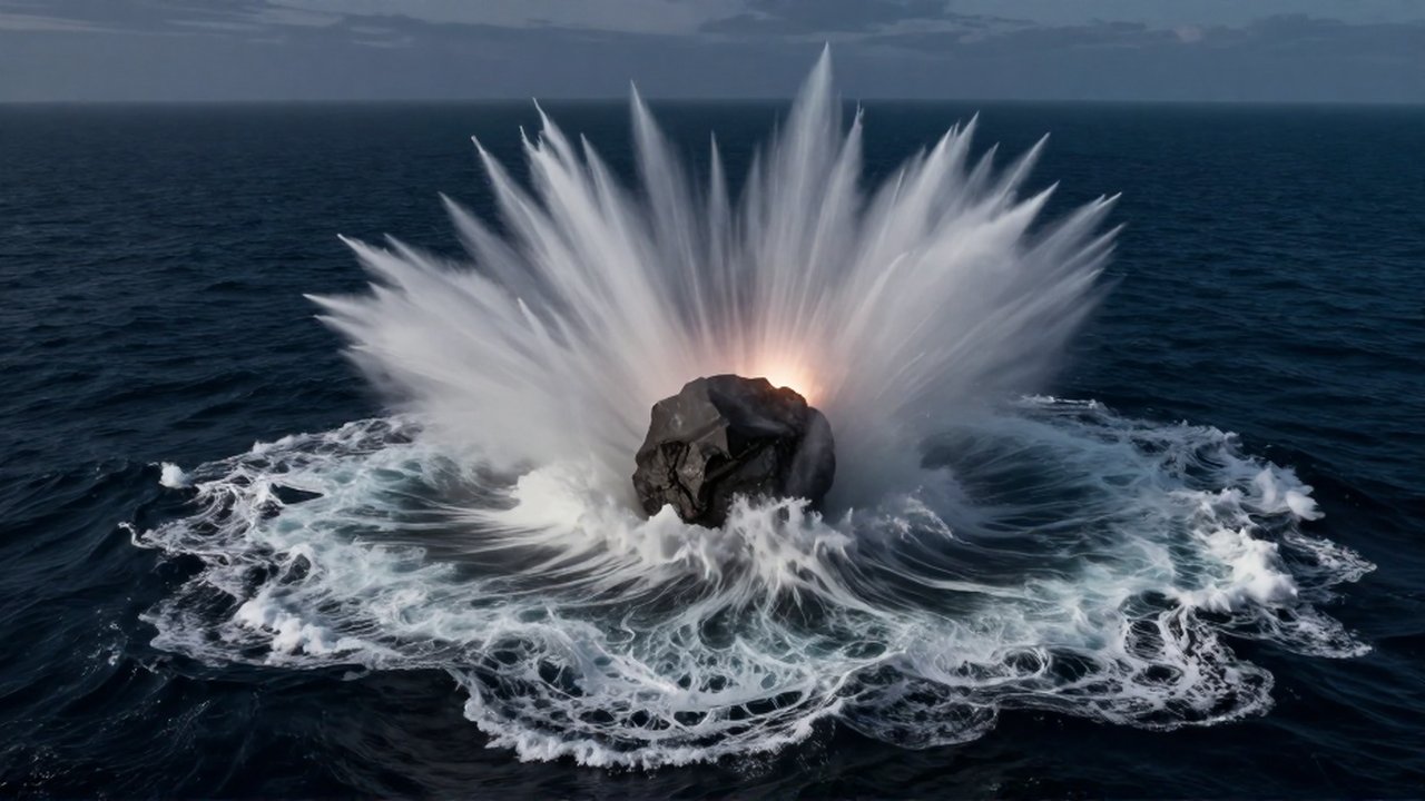 Gran asteroide oscuro impactando en el océano, provocando una enorme explosión de agua y espuma blanca.