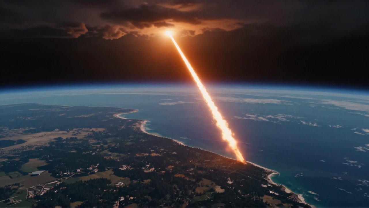 Fragmento de meteorito con estela de fuego descendiendo sobre una costa boscosa y el océano.