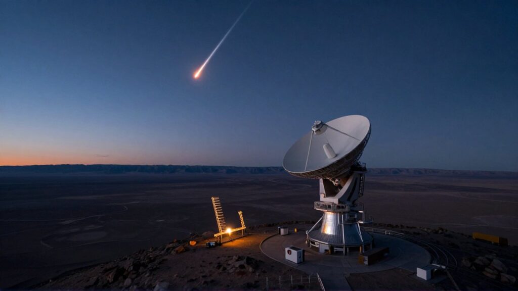 Estación de monitoreo en una montaña rastrea un meteoro que cruza el cielo sobre un desierto.
