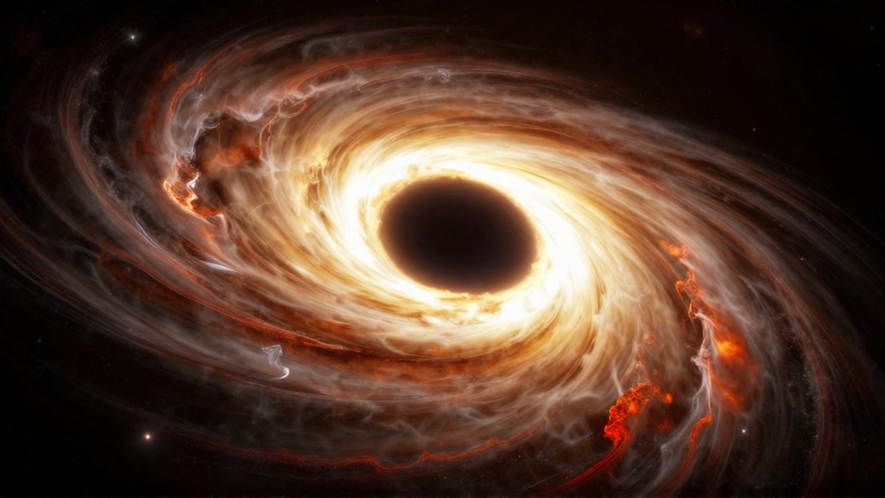 Disco de acreción de gas brillante y filamentos de plasma girando alrededor de un agujero negro central.