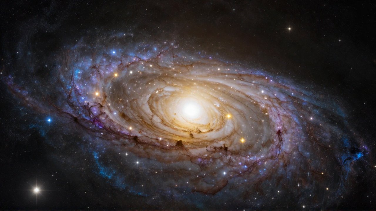 Núcleo galáctico brillante con cúmulos de estrellas doradas y un disco de gas sobre un fondo azul profundo.