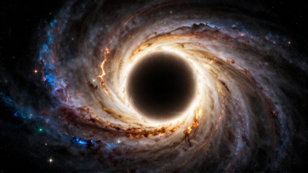 Agujero negro supermasivo rodeado de un disco de acreción brillante y gas incandescente que gira hacia el centro oscuro.