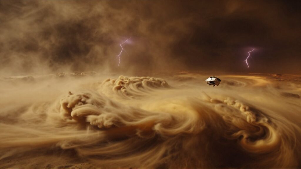 Una sonda científica desciende entre densas y turbulentas nubes de color ocre en la atmósfera de Venus.