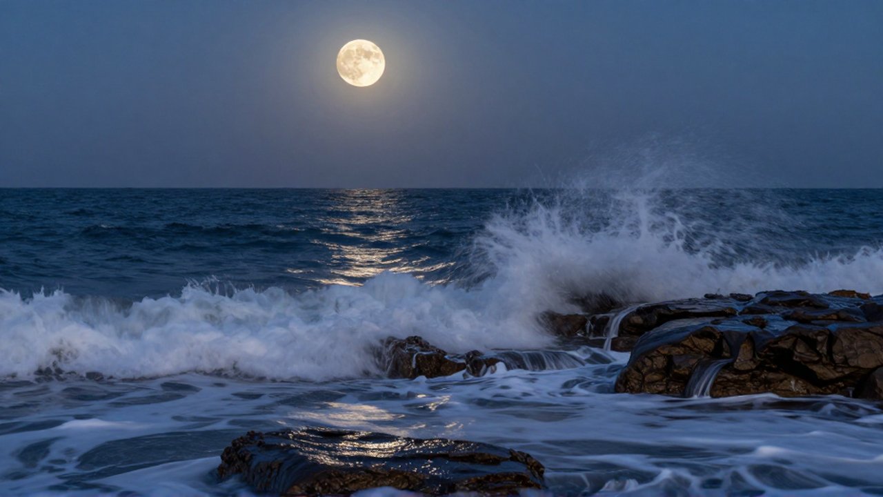 Olas rompiendo contra rocas costeras bajo la luz de una gran luna llena en el océano nocturno.