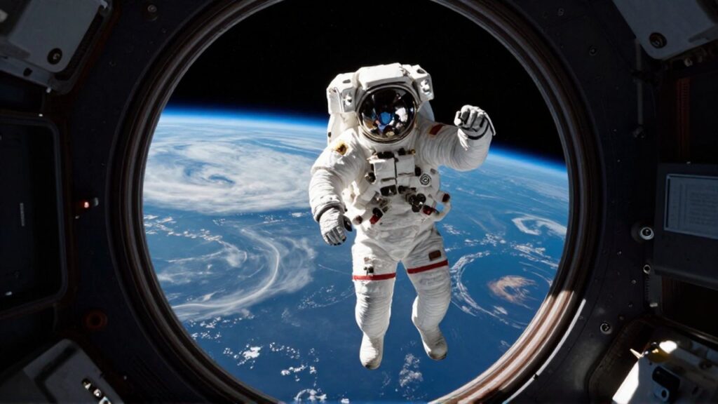 Astronauta en traje blanco flotando dentro de una cápsula espacial mientras contempla la curvatura de la Tierra.