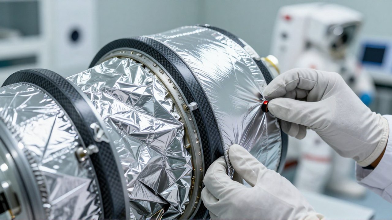 Una mano enguantada inspecciona de cerca las texturas metálicas y textiles de un componente de traje espacial.