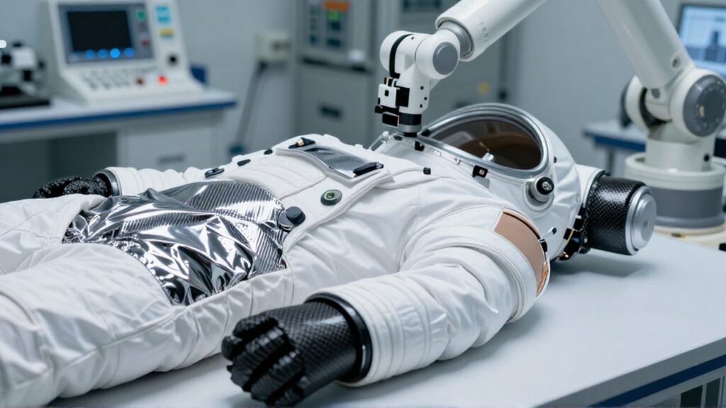 Un brazo robótico ajusta los componentes de un traje espacial avanzado en un laboratorio tecnológico.