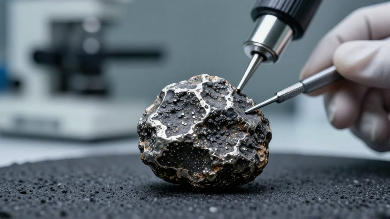 Primer plano detallado de un meteorito de textura rugosa siendo examinado por un investigador en un laboratorio.
