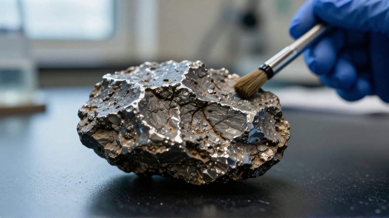Primer plano de un meteorito con vetas minerales mientras un científico lo limpia con un pincel.