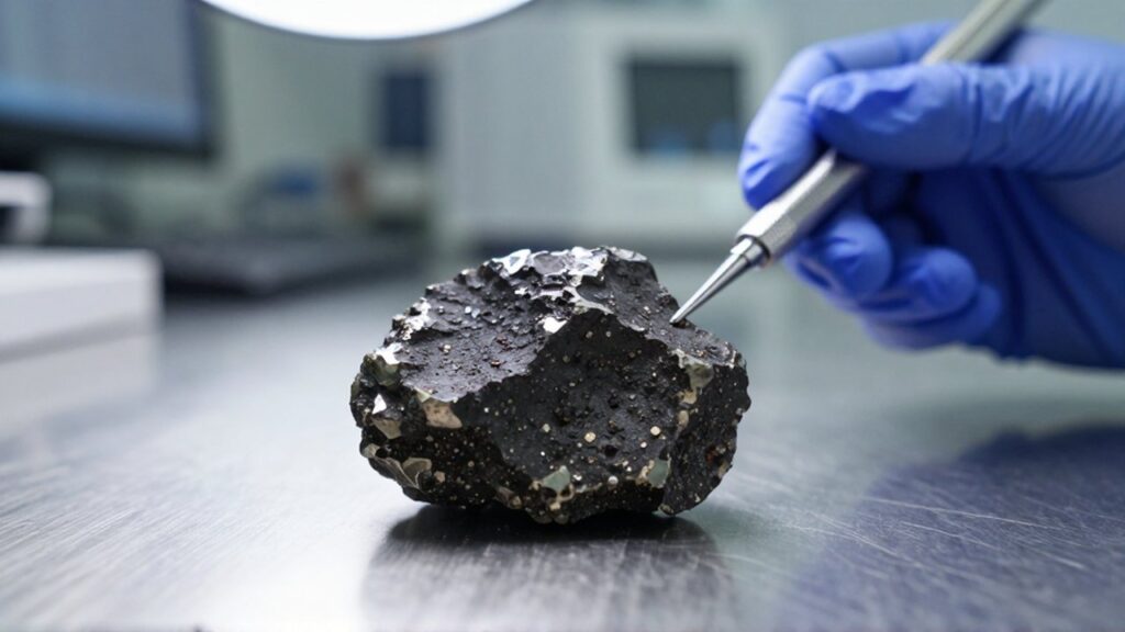 Un científico con guante azul examina con precisión un meteorito carbonáceo sobre una mesa de laboratorio.