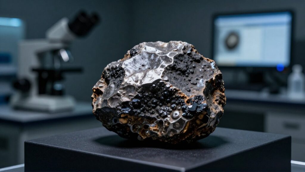 Fragmento de meteorito con textura rugosa y metálica sobre un pedestal en un laboratorio científico.