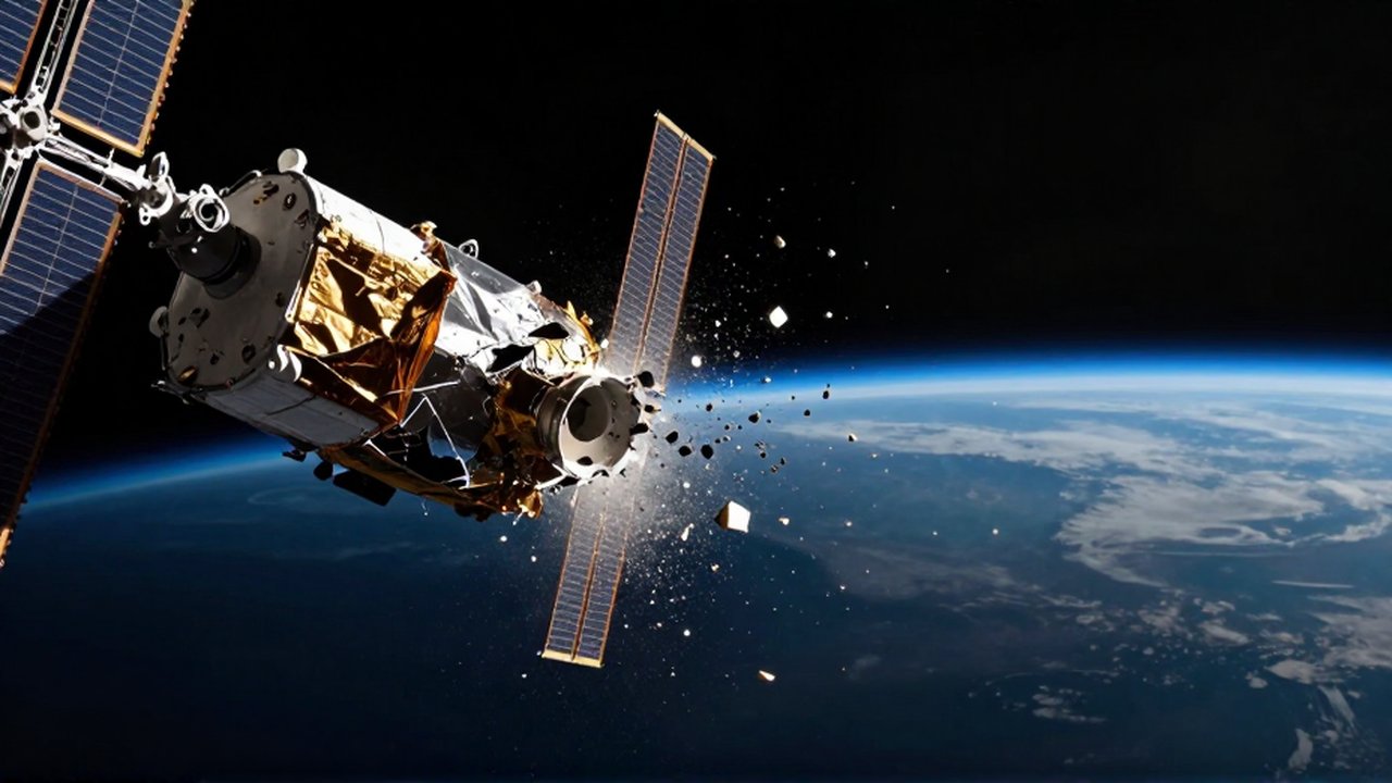 Impacto violento de un fragmento de basura espacial contra un satélite de comunicaciones en la órbita terrestre.
