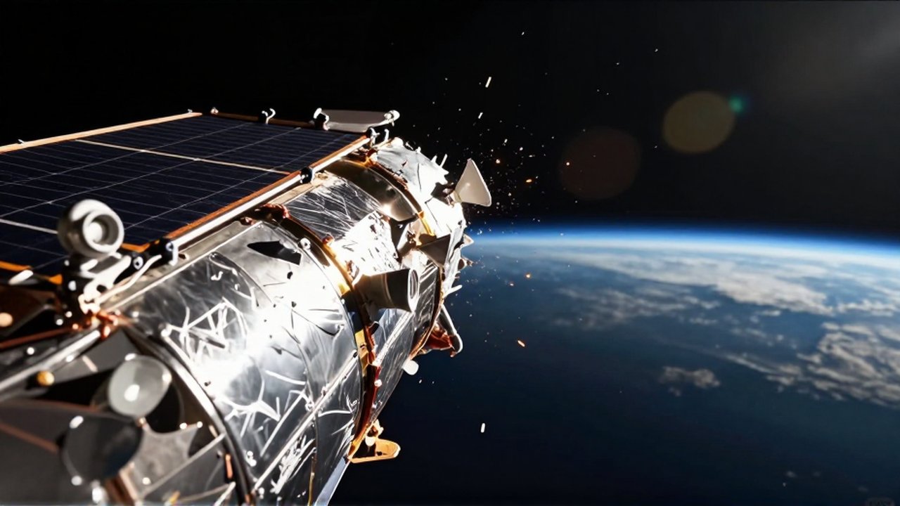 Impacto de un fragmento metálico contra un satélite de telecomunicaciones en la órbita terrestre.
