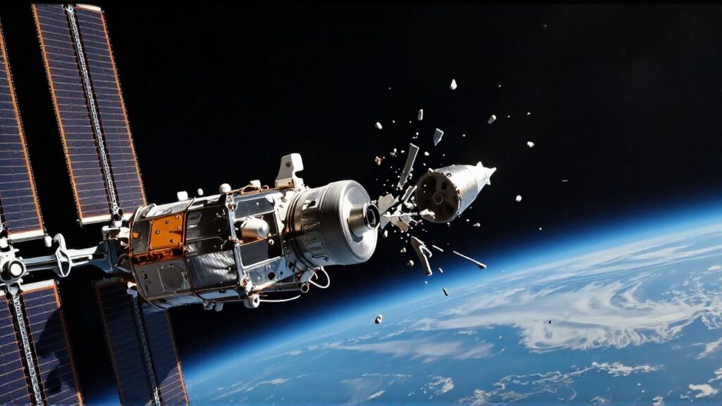 Satélite de comunicaciones esquiva un fragmento metálico de basura espacial sobre el horizonte terrestre.