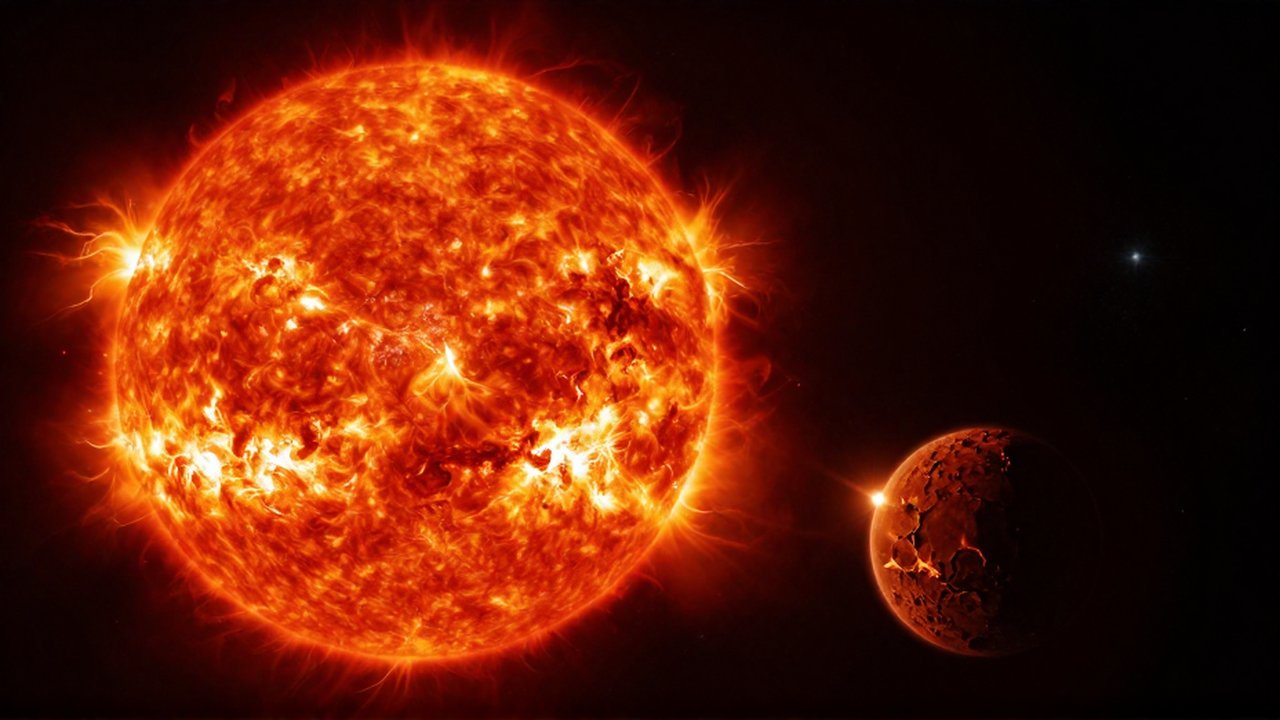 Una enorme estrella roja supergigante con llamaradas consume a un pequeño planeta rocoso y chamuscado.