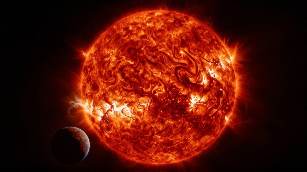 Una gigantesca estrella roja con llamaradas violentas consume la atmósfera de un pequeño planeta rocoso.