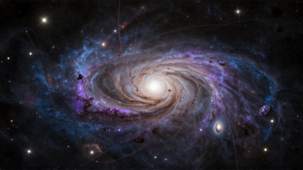 Vista cinematográfica de un cúmulo de galaxias interactuando en una vasta red de filamentos cósmicos.