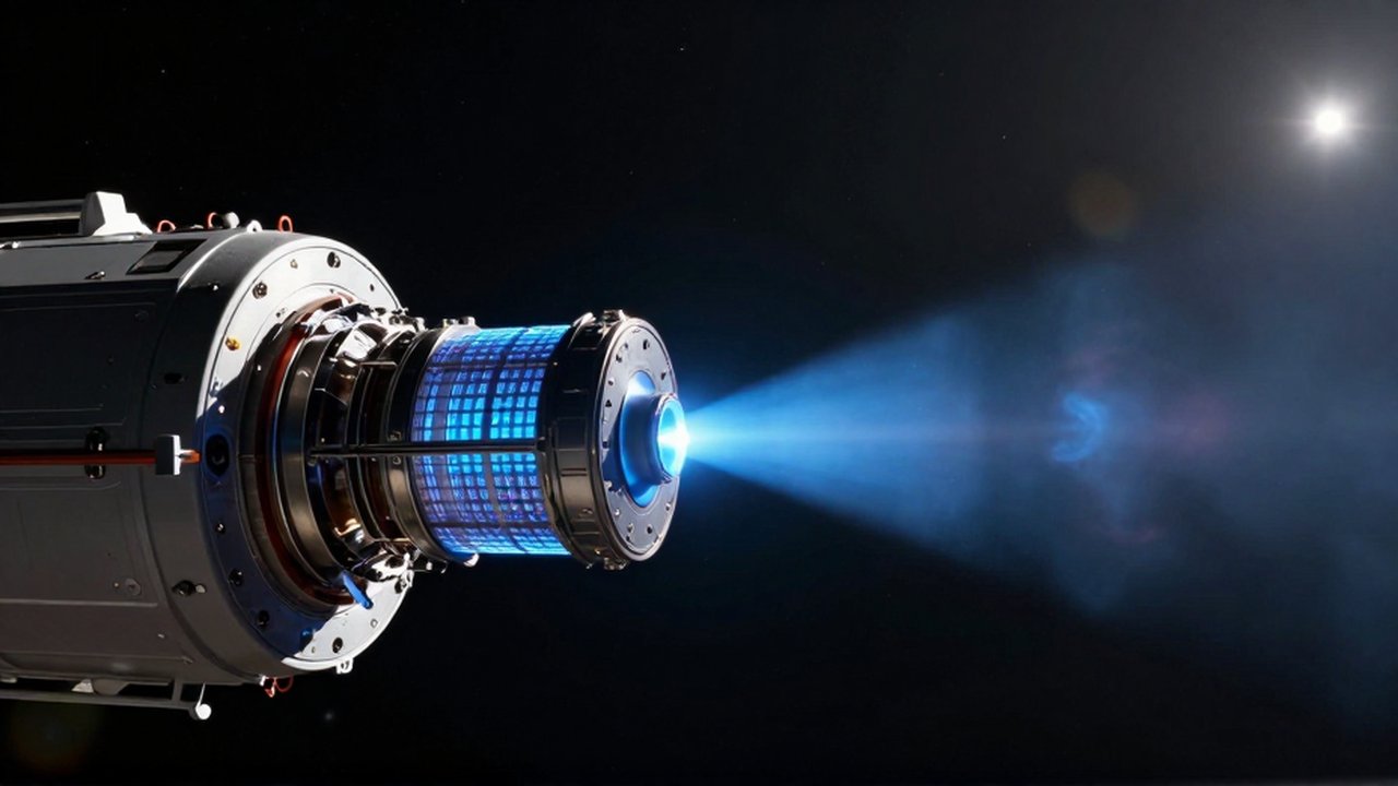 Primer plano de un motor iónico emitiendo un flujo de plasma azul sobre el casco de una nave espacial en el espacio profundo.