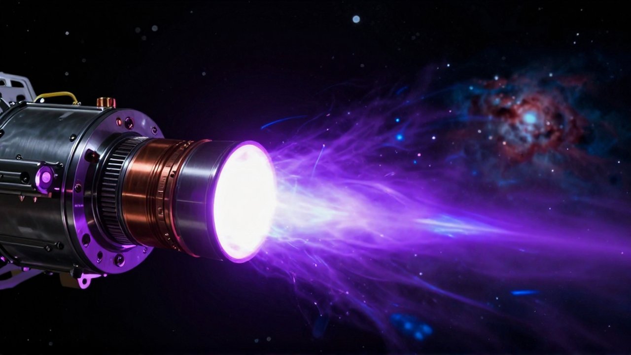 Primer plano de un motor de propulsión espacial emitiendo un intenso chorro de plasma violeta y azul.