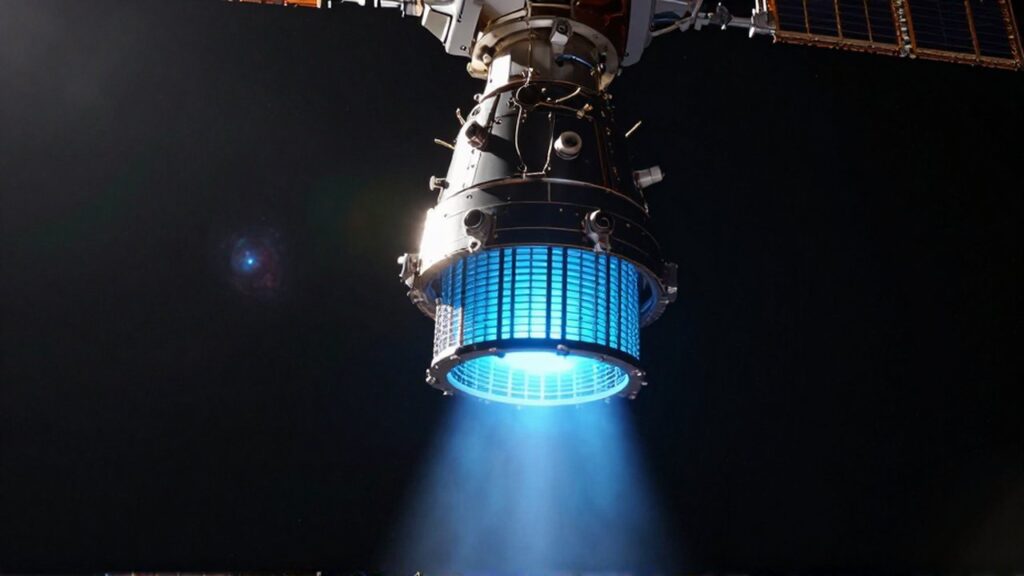 Motor de propulsión iónica de un satélite emitiendo un tenue resplandor azul en el espacio profundo.