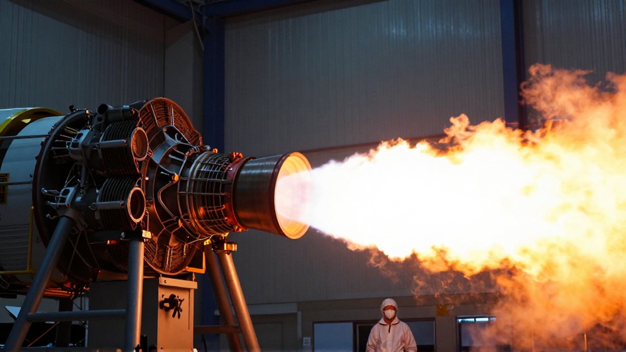 Motor de cohete híbrido expulsando una intensa llama naranja durante una prueba de encendido en una instalación aeroespacial.