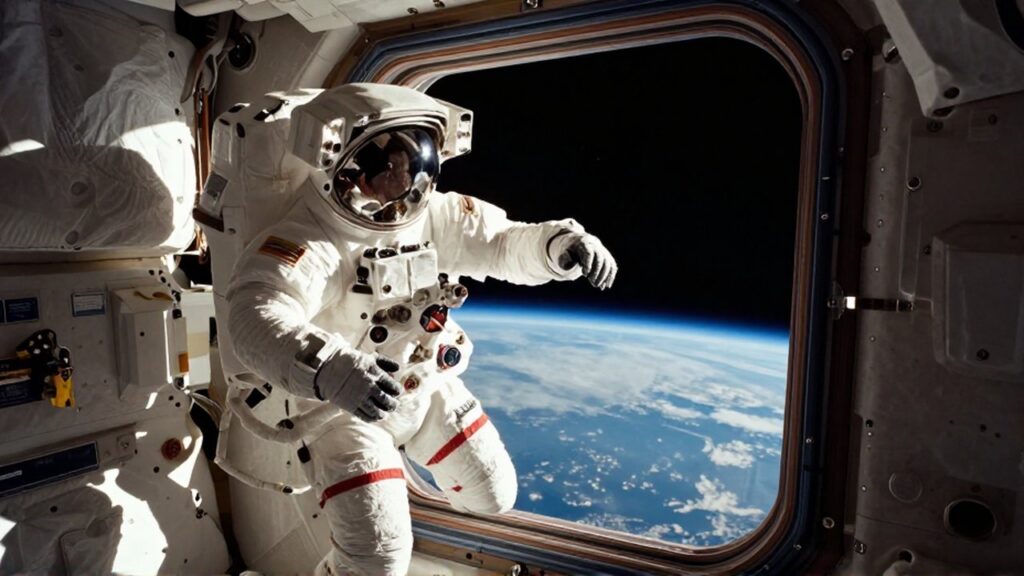 Astronauta realizando mantenimiento en una estación espacial con la Tierra visible por la ventana.
