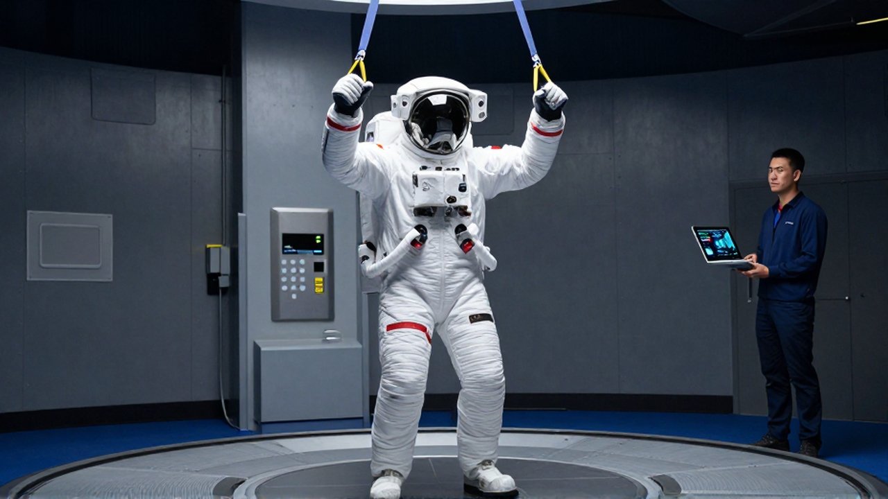 Astronauta realizando ejercicios de resistencia con bandas en un centro de entrenamiento de alta tecnología.