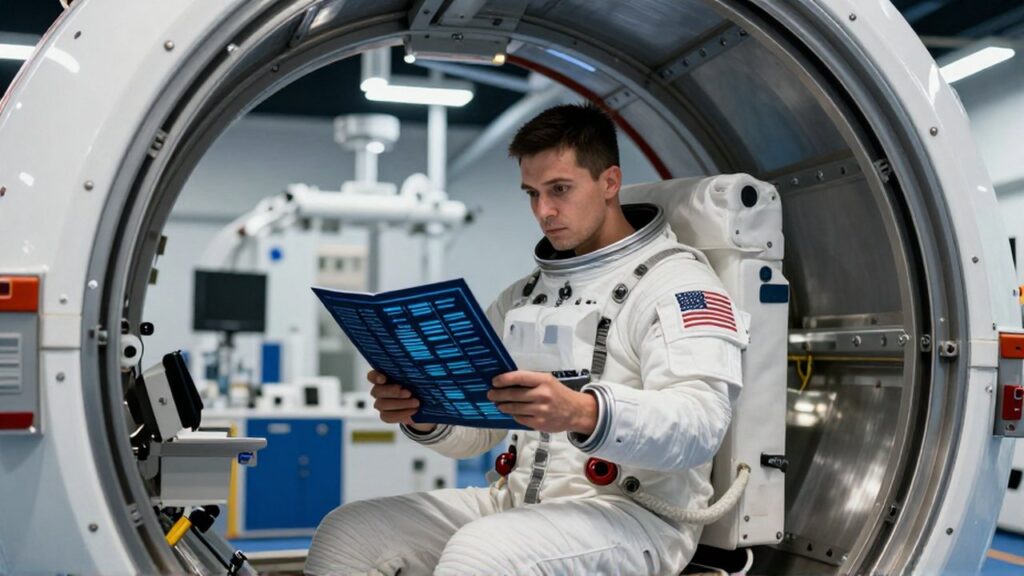 Un astronauta en entrenamiento estudia un manual holográfico dentro de un módulo de centrifugación tecnológica.