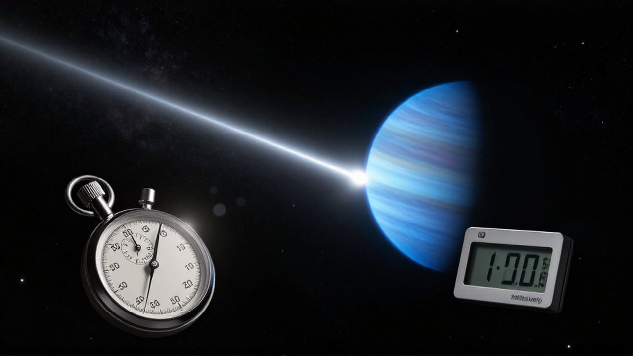 Cronómetro y temporizador digital flotando en el espacio frente a un rayo de luz que viaja hacia Neptuno.