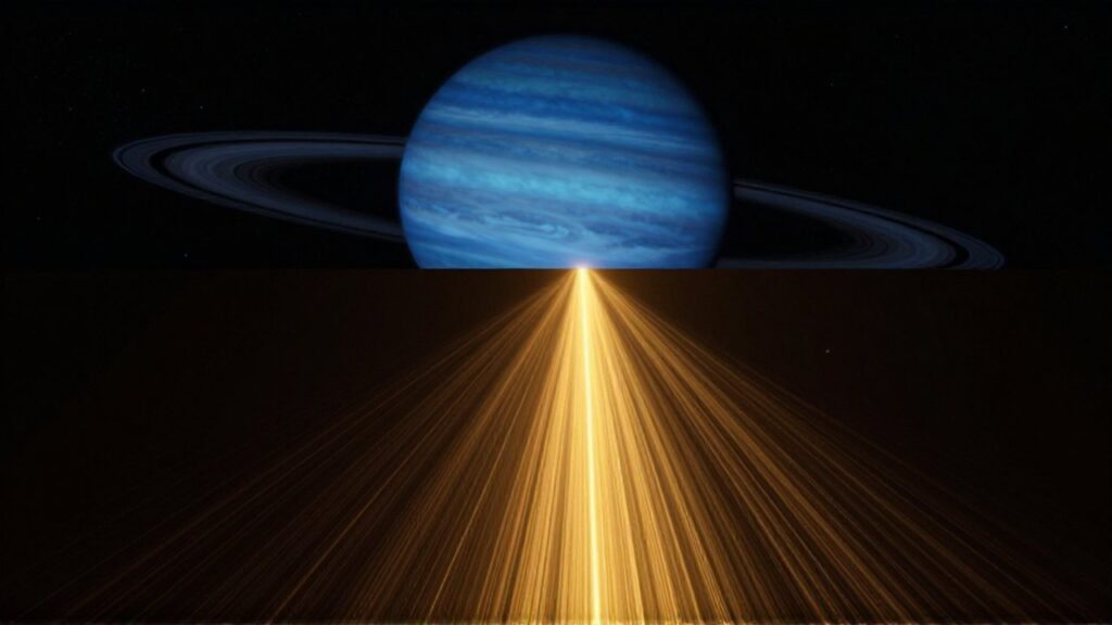 Un rayo de luz dorada atraviesa el espacio oscuro hacia el planeta azul Neptuno.