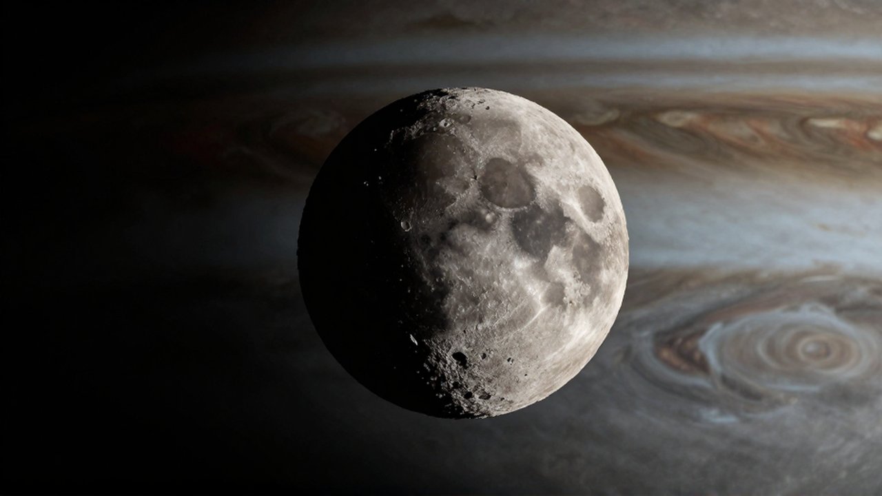 Luna rocosa irregular con cráteres detallados frente a las nubes difusas de Júpiter en el espacio.