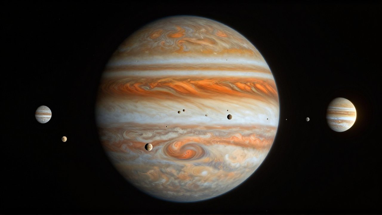 Vista detallada del planeta Júpiter rodeado de múltiples lunas pequeñas en la oscuridad del espacio.