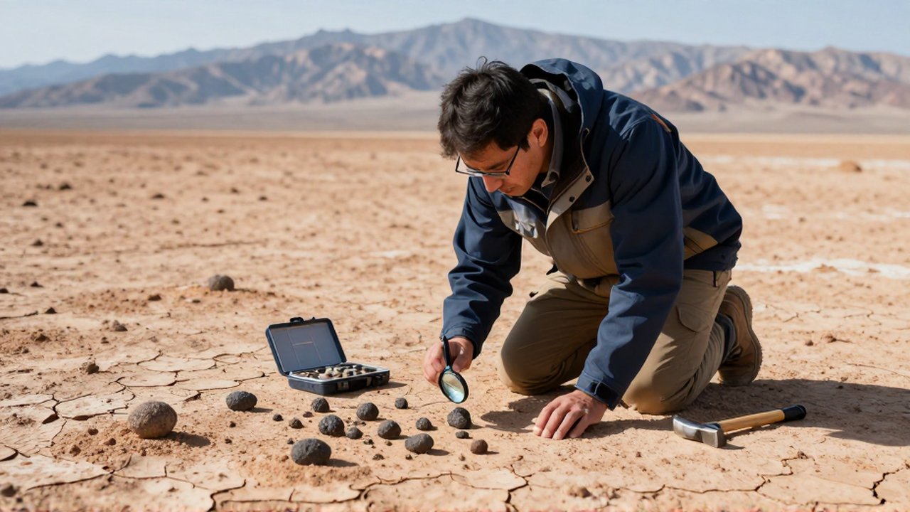 Geólogo examinando meteoritos incrustados en el suelo de un desierto árido con una lupa.