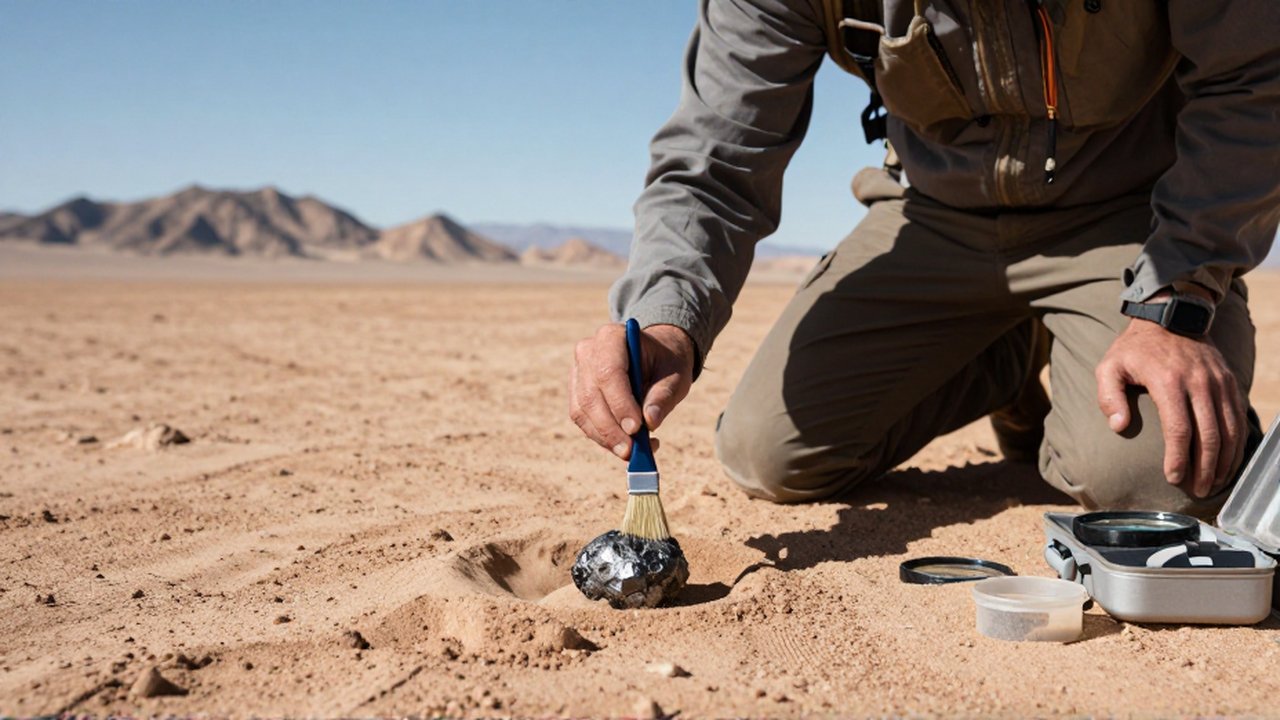 Un geólogo limpia con un pincel un meteorito oscuro incrustado en un desierto soleado.