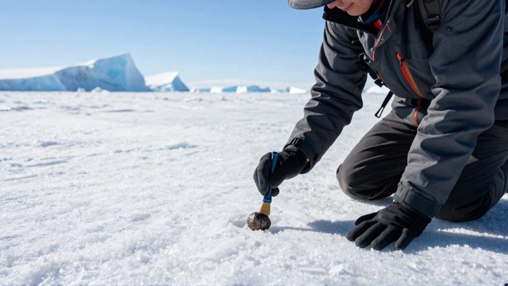 Geólogo de rodillas limpia con un pincel un meteorito oscuro incrustado en el hielo antártico.
