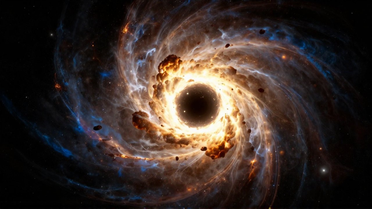 Supernova masiva que colapsa hacia un agujero negro entre nubes de gas incandescente y escombros estelares.