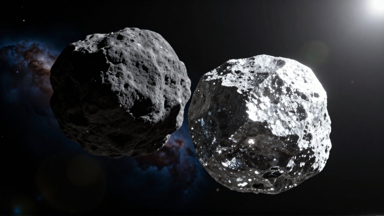 Dos asteroides con texturas contrastadas, uno oscuro y mate y otro brillante y cristalino, flotan en el espacio profundo.