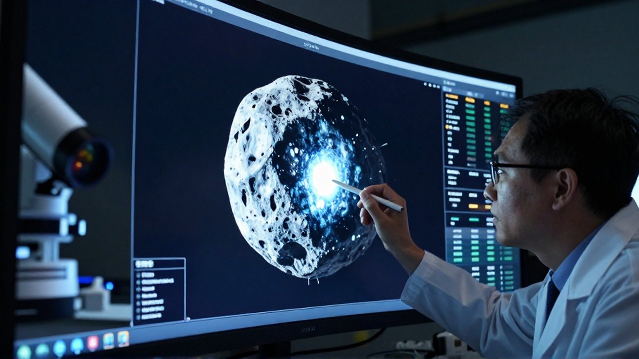 Investigador analiza con un puntero térmico la superficie de un asteroide en una pantalla digital de observación astronómica.